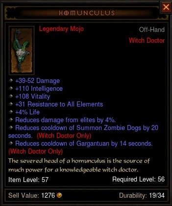 Build Based on Legendary off-handed Homunculus of Witch Doctor in 1.04